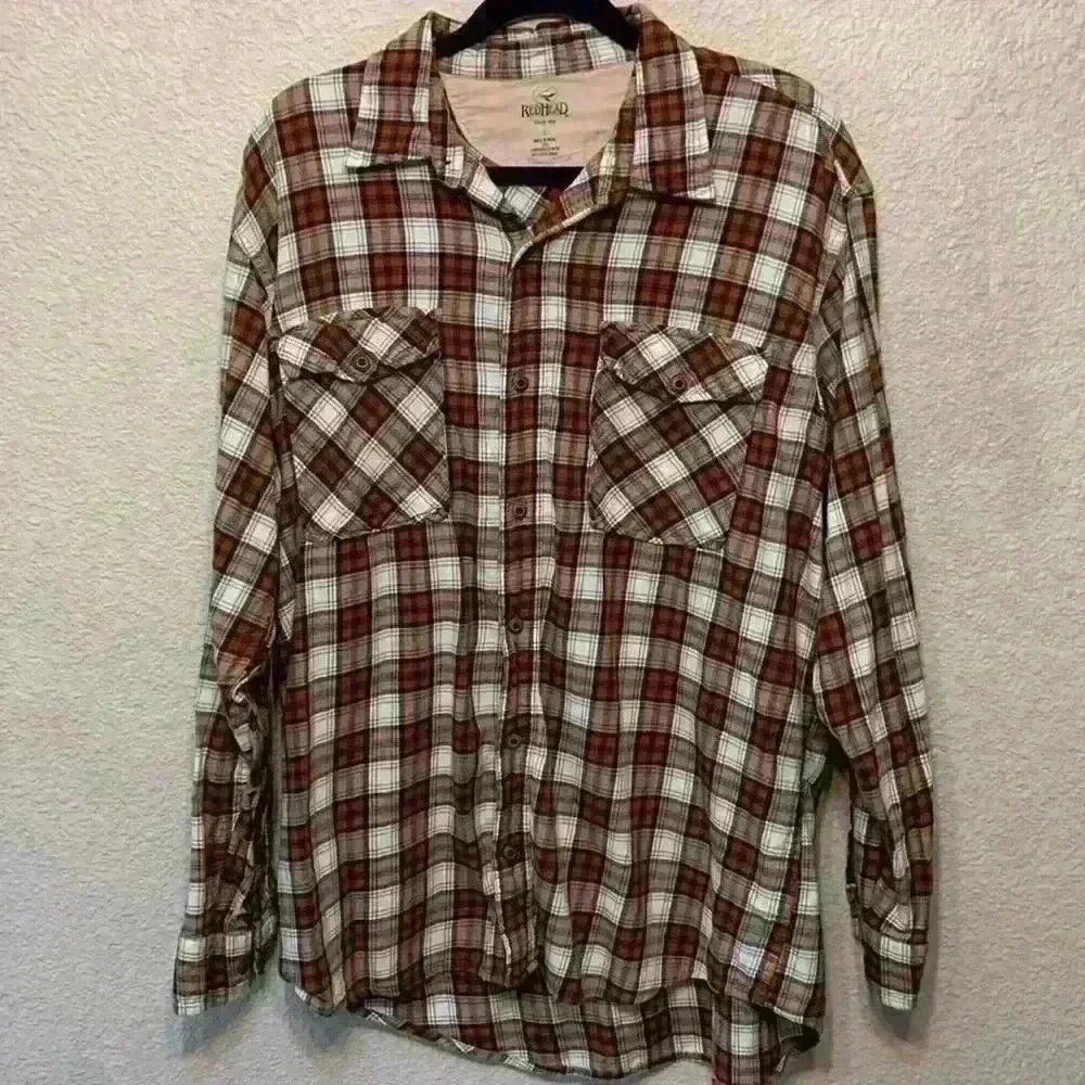 Orange plaid flannel by Red Head sz L casual fall outdoor engagement photo